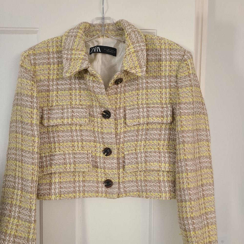 Zara Women's Yellow and Cream Plaid Tweed Blazer